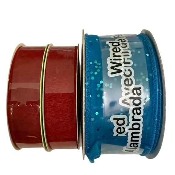 Floral Garden 2 Rolls Sheer Red Celebrate It 360 Blue Glitter Wire Ribbon - Picture 2 of 5